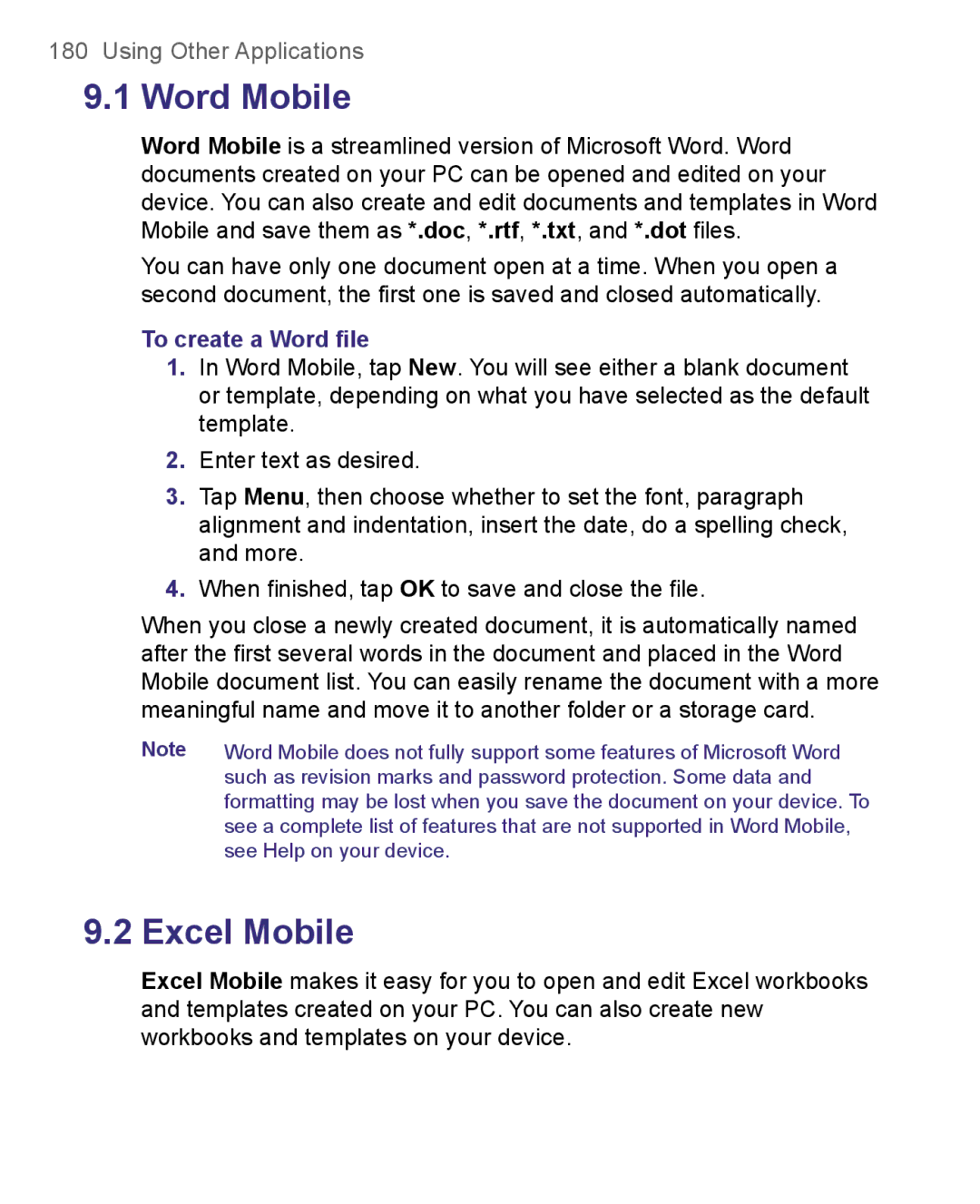 HTC 8500 user manual Word Mobile, To create a Word ﬁle 