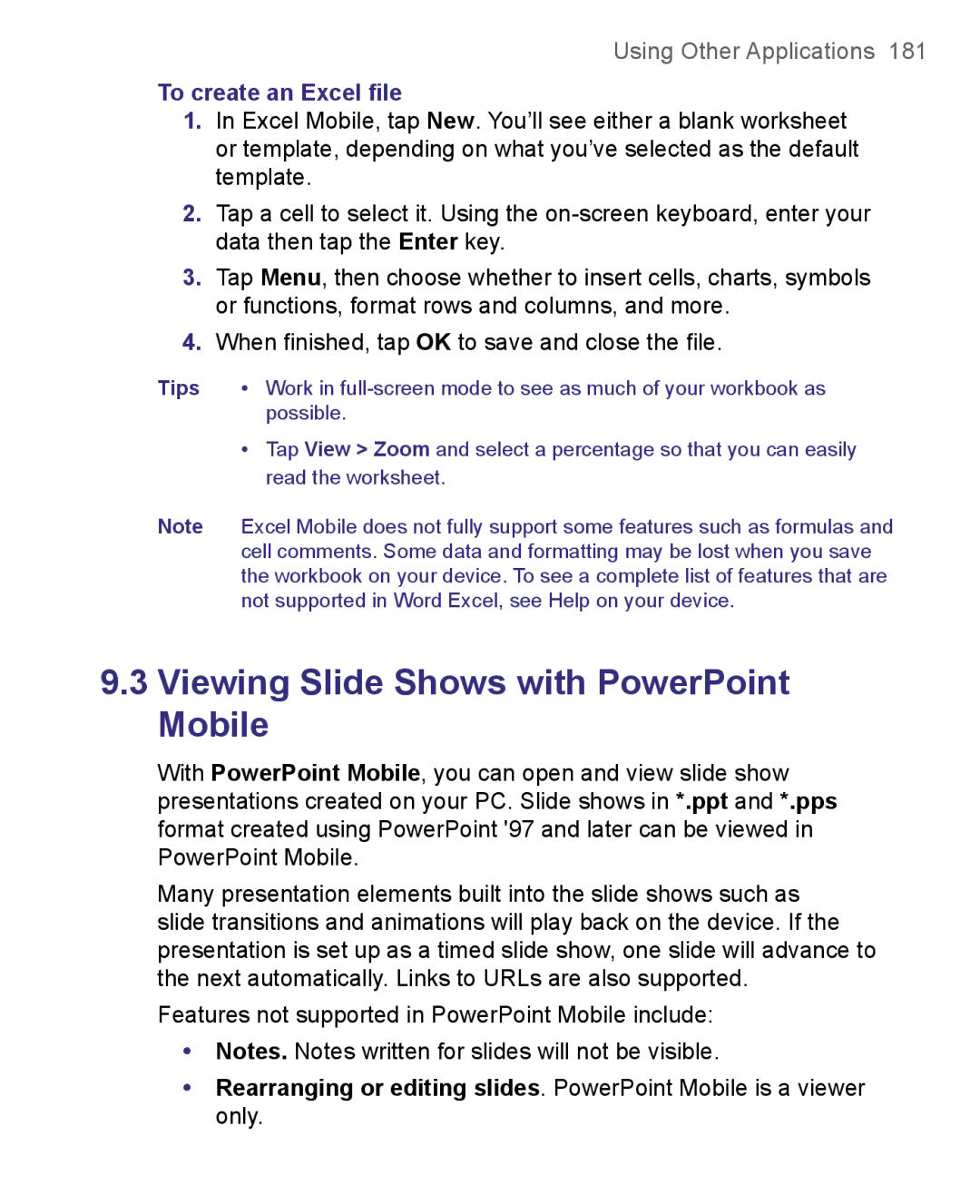 HTC 8500 user manual To create an Excel ﬁle 