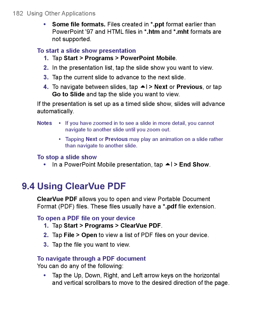 HTC 8500 user manual To start a slide show presentation, Tap Start Programs PowerPoint Mobile, To stop a slide show 