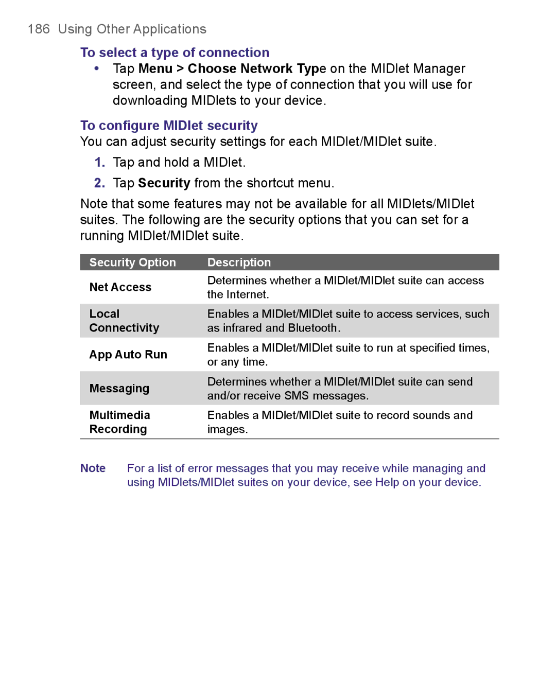 HTC 8500 user manual To select a type of connection, To conﬁgure MIDlet security, Security Option 