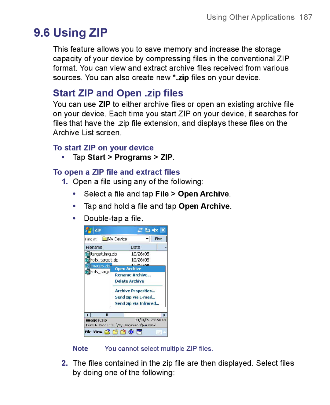 HTC 8500 user manual Start ZIP and Open .zip files, To start ZIP on your device, Tap Start Programs ZIP 