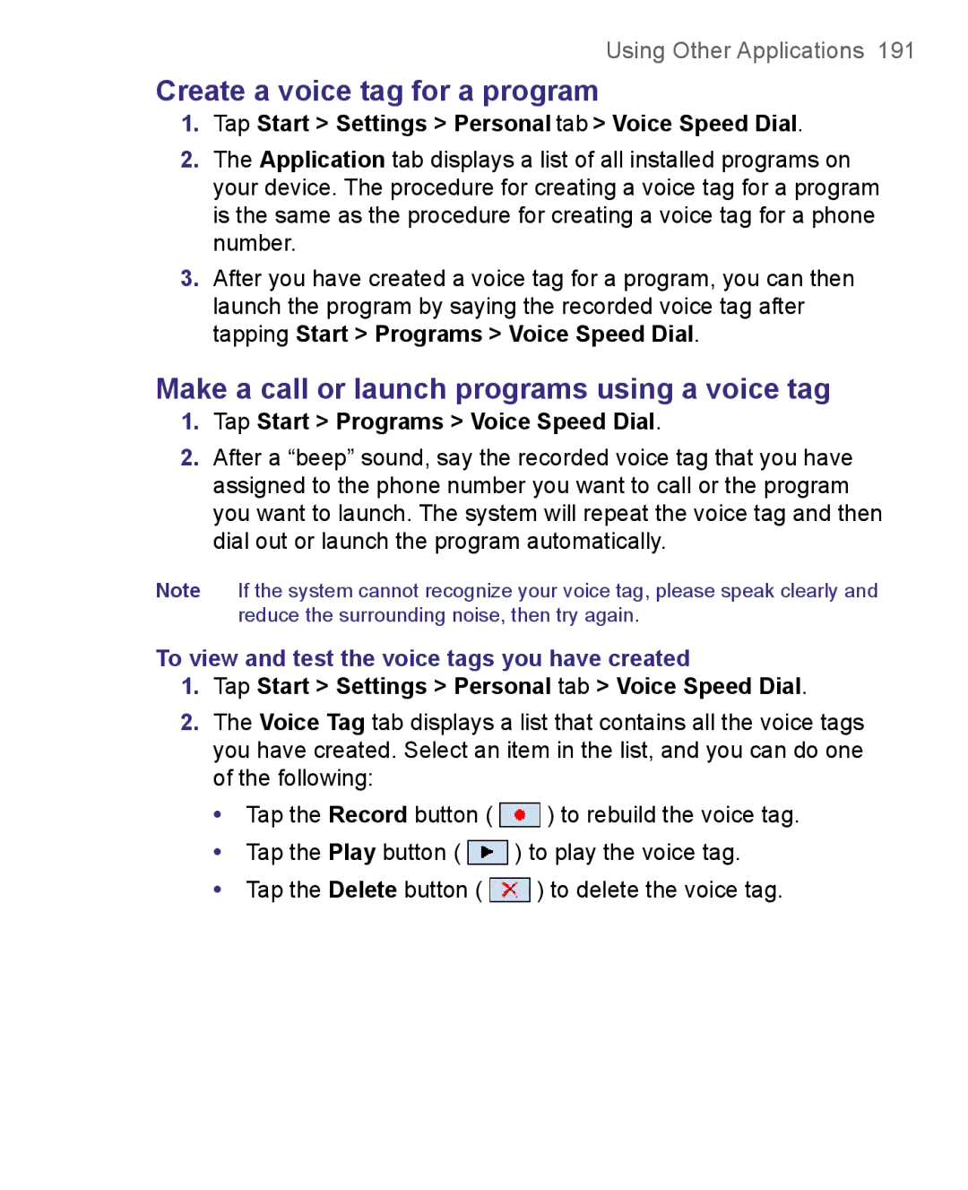 HTC 8500 user manual Create a voice tag for a program, Make a call or launch programs using a voice tag 