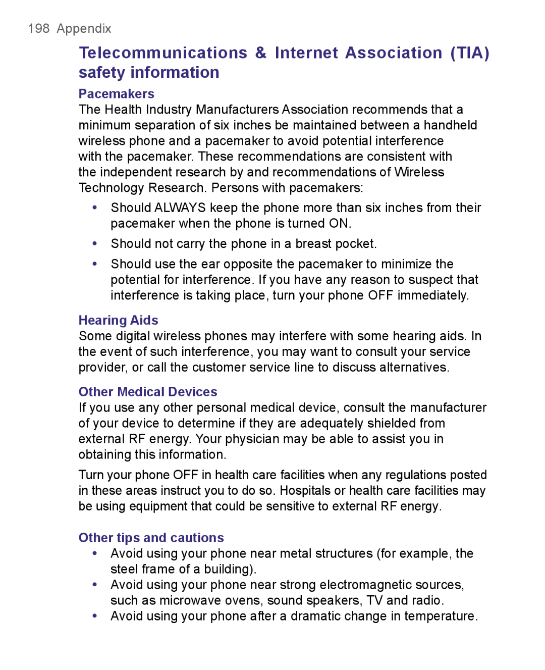 HTC 8500 user manual Pacemakers, Hearing Aids, Other Medical Devices, Other tips and cautions 