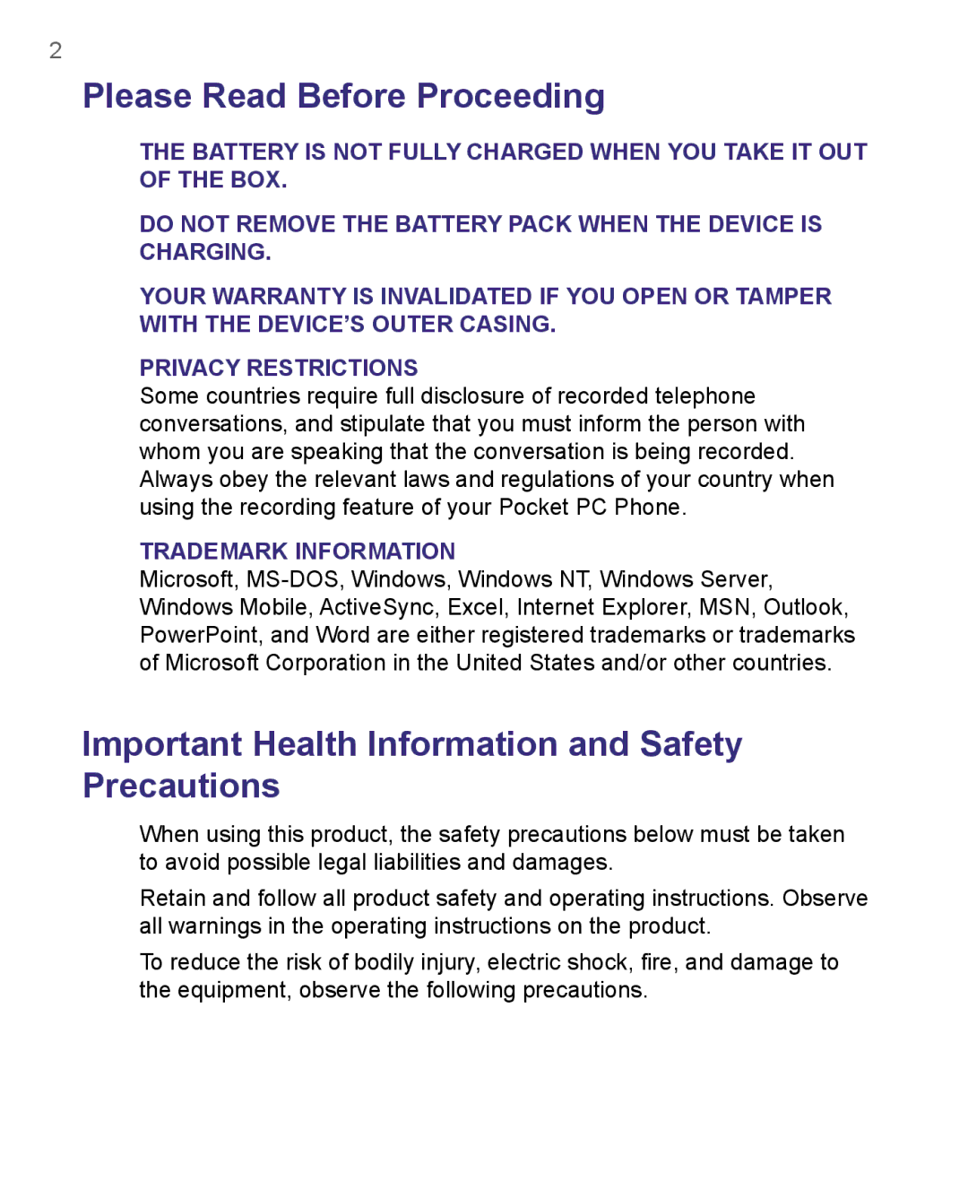 HTC 8500 user manual Please Read Before Proceeding, Important Health Information and Safety Precautions 