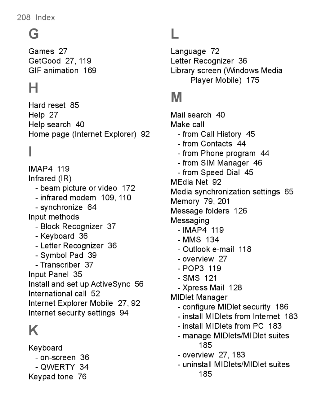 HTC 8500 user manual Index 