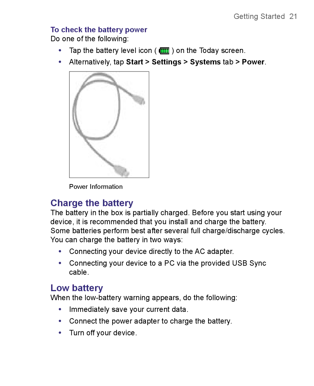 HTC 8500 Charge the battery, Low battery, To check the battery power, Alternatively, tap Start Settings Systems tab Power 