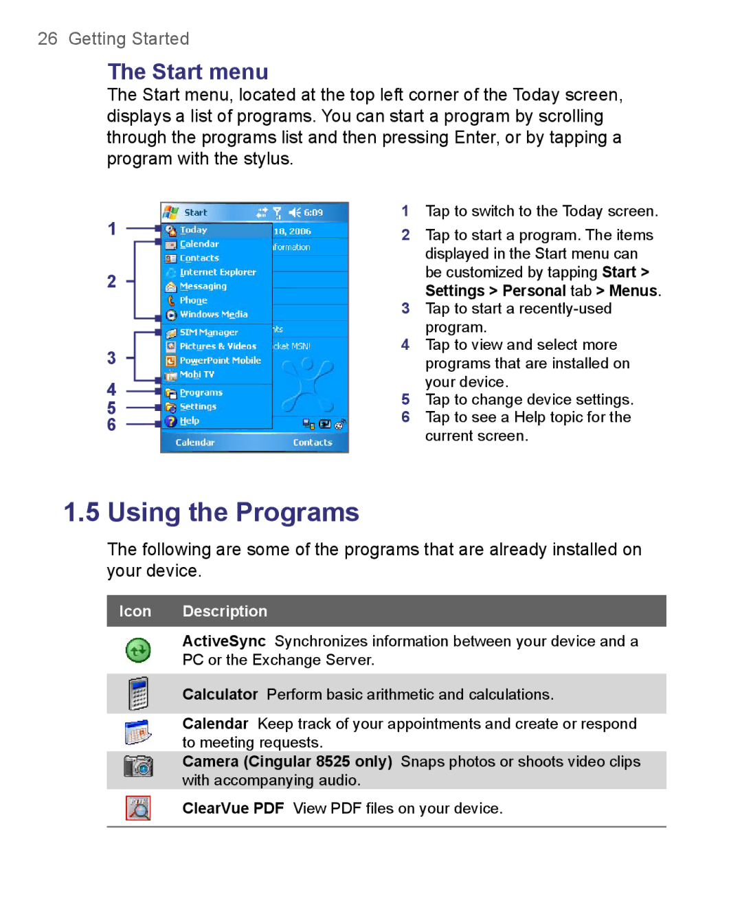 HTC 8500 user manual Start menu, Settings Personal tab Menus 