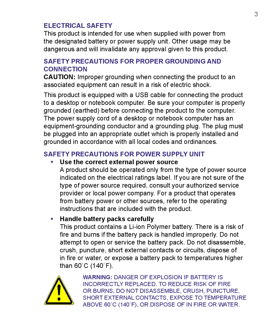 HTC 8500 user manual Use the correct external power source, Handle battery packs carefully 