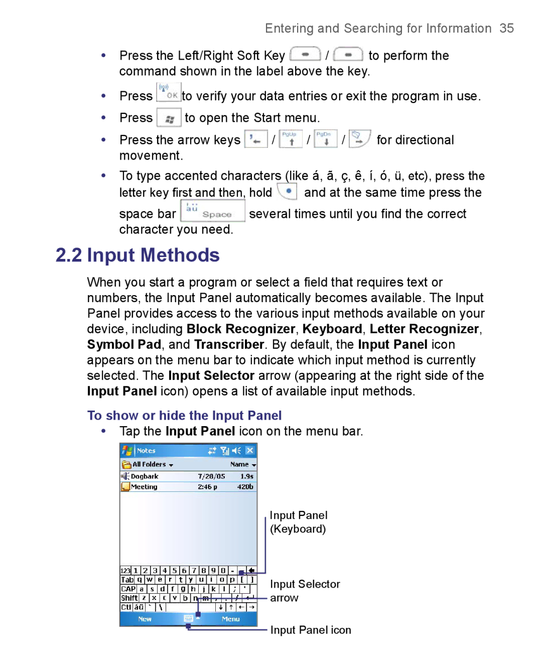 HTC 8500 user manual Input Methods, To show or hide the Input Panel 