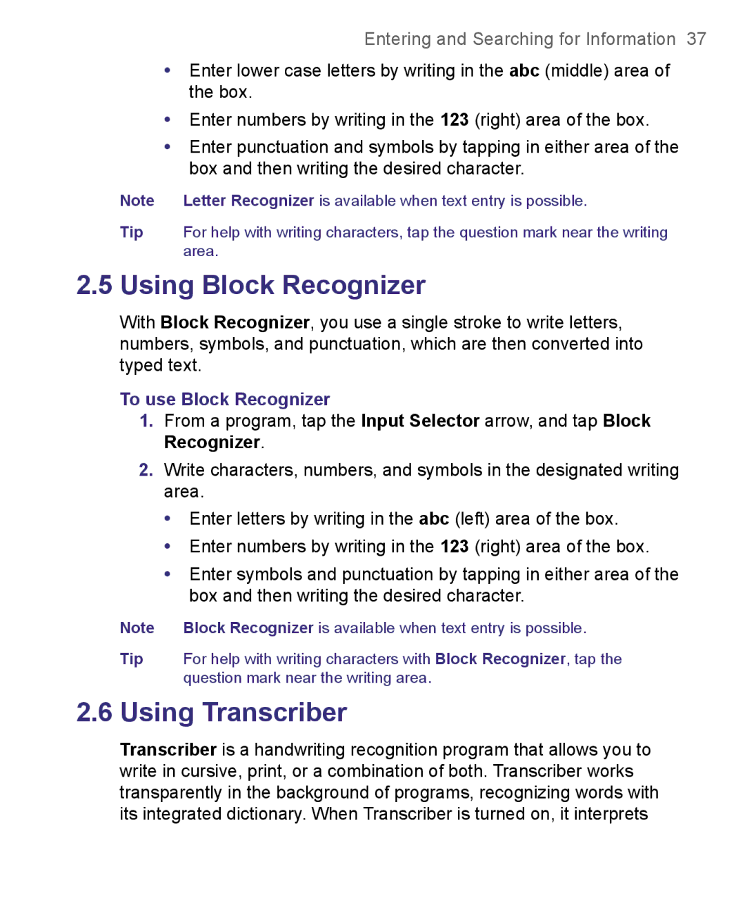 HTC 8500 user manual Using Block Recognizer, To use Block Recognizer 