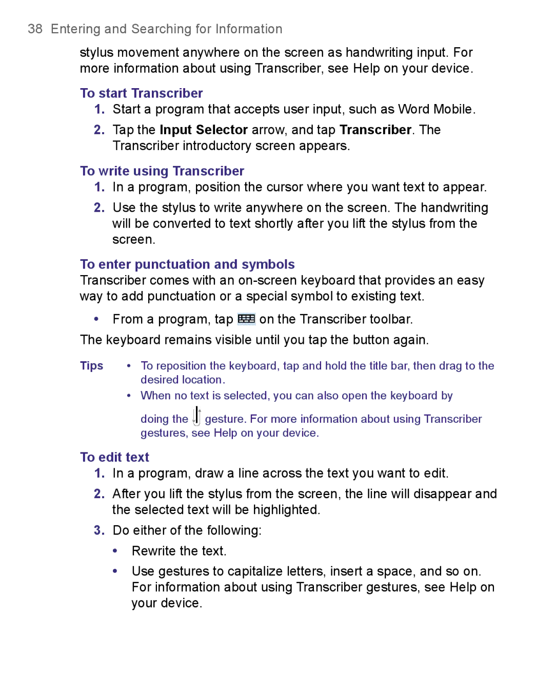 HTC 8500 user manual To start Transcriber, To write using Transcriber, To enter punctuation and symbols, To edit text 