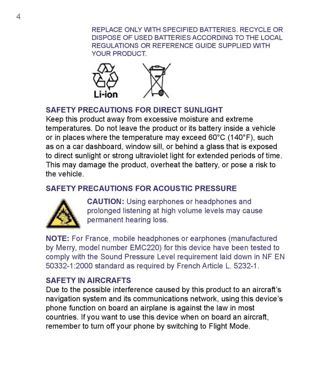 HTC 8500 user manual Safety Precautions for Acoustic Pressure Safety in Aircrafts 