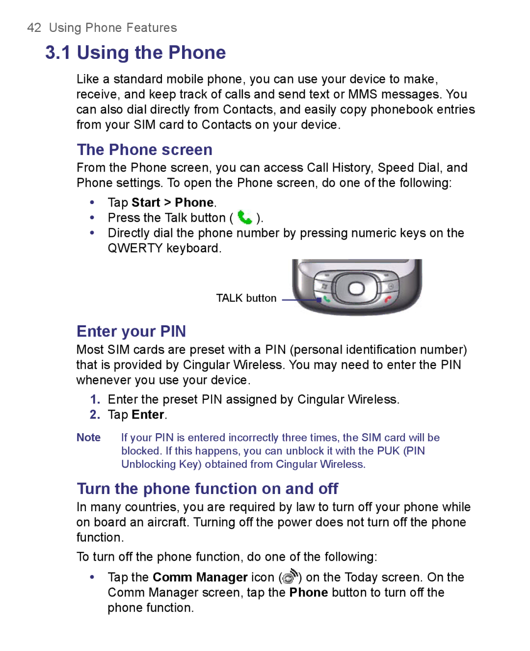 HTC 8500 user manual Using the Phone, Phone screen, Enter your PIN, Turn the phone function on and off, Tap Start Phone 