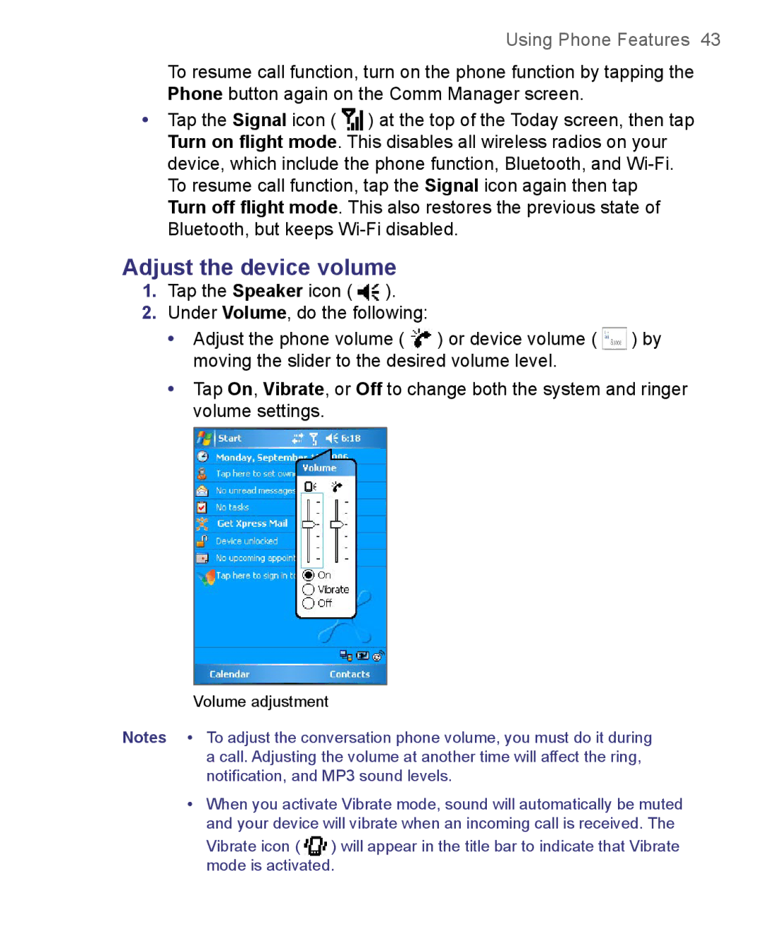 HTC 8500 user manual Adjust the device volume, Volume adjustment 