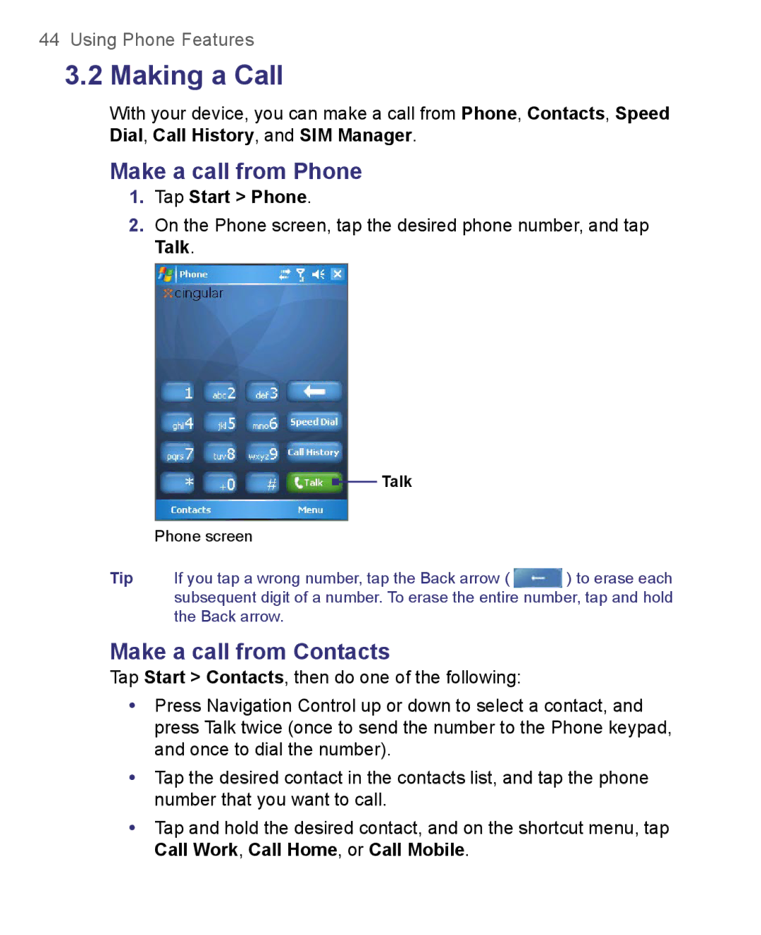 HTC 8500 user manual Make a call from Phone, Make a call from Contacts 