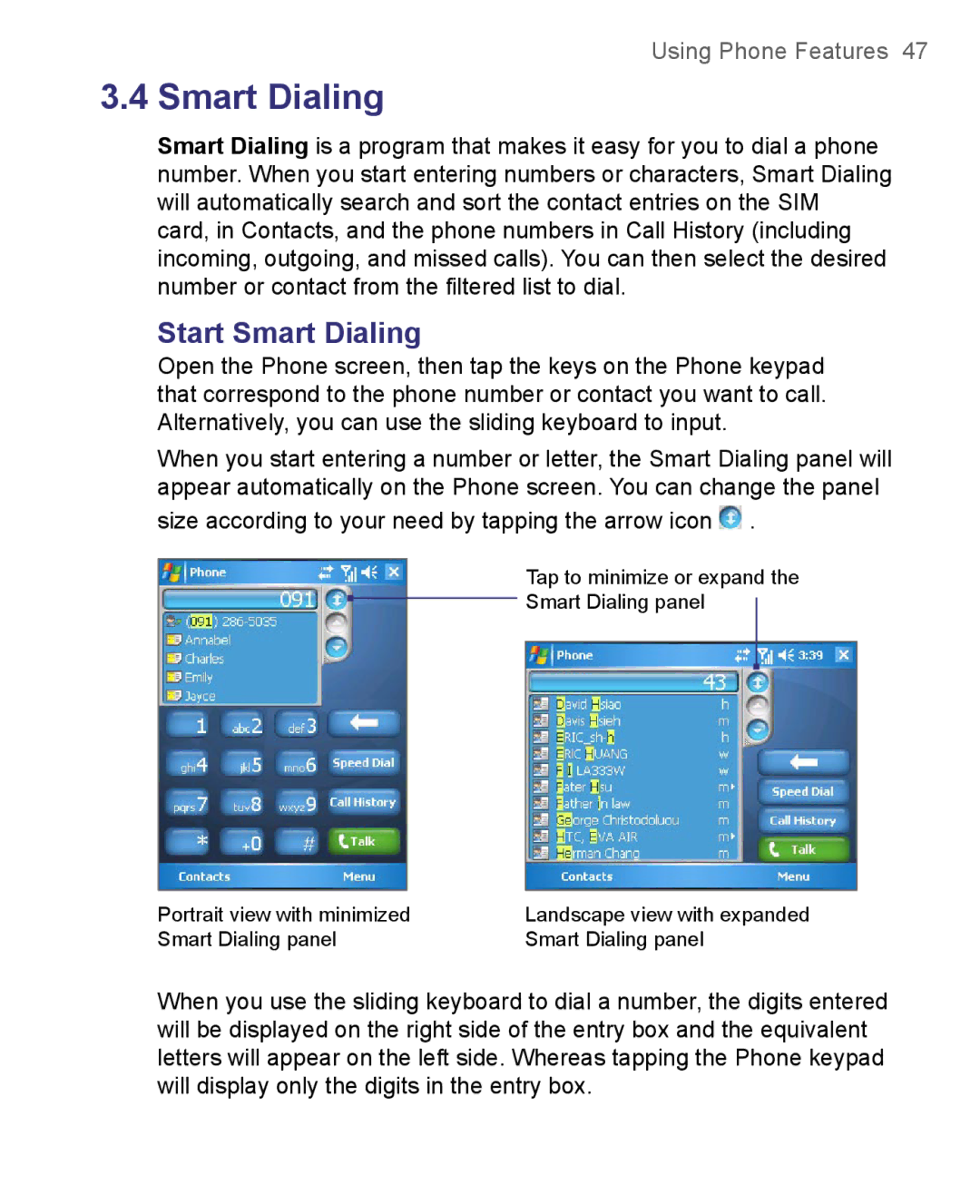 HTC 8500 user manual Start Smart Dialing 