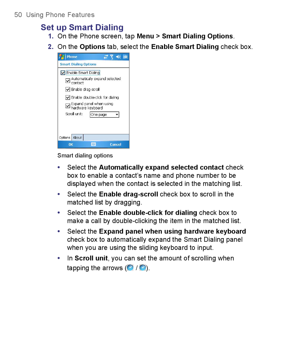 HTC 8500 user manual Set up Smart Dialing, On the Phone screen, tap Menu Smart Dialing Options 