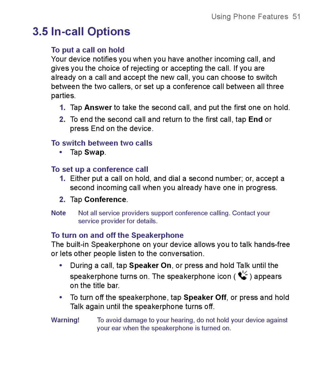 HTC 8500 user manual To put a call on hold, To switch between two calls, To set up a conference call, Tap Conference 