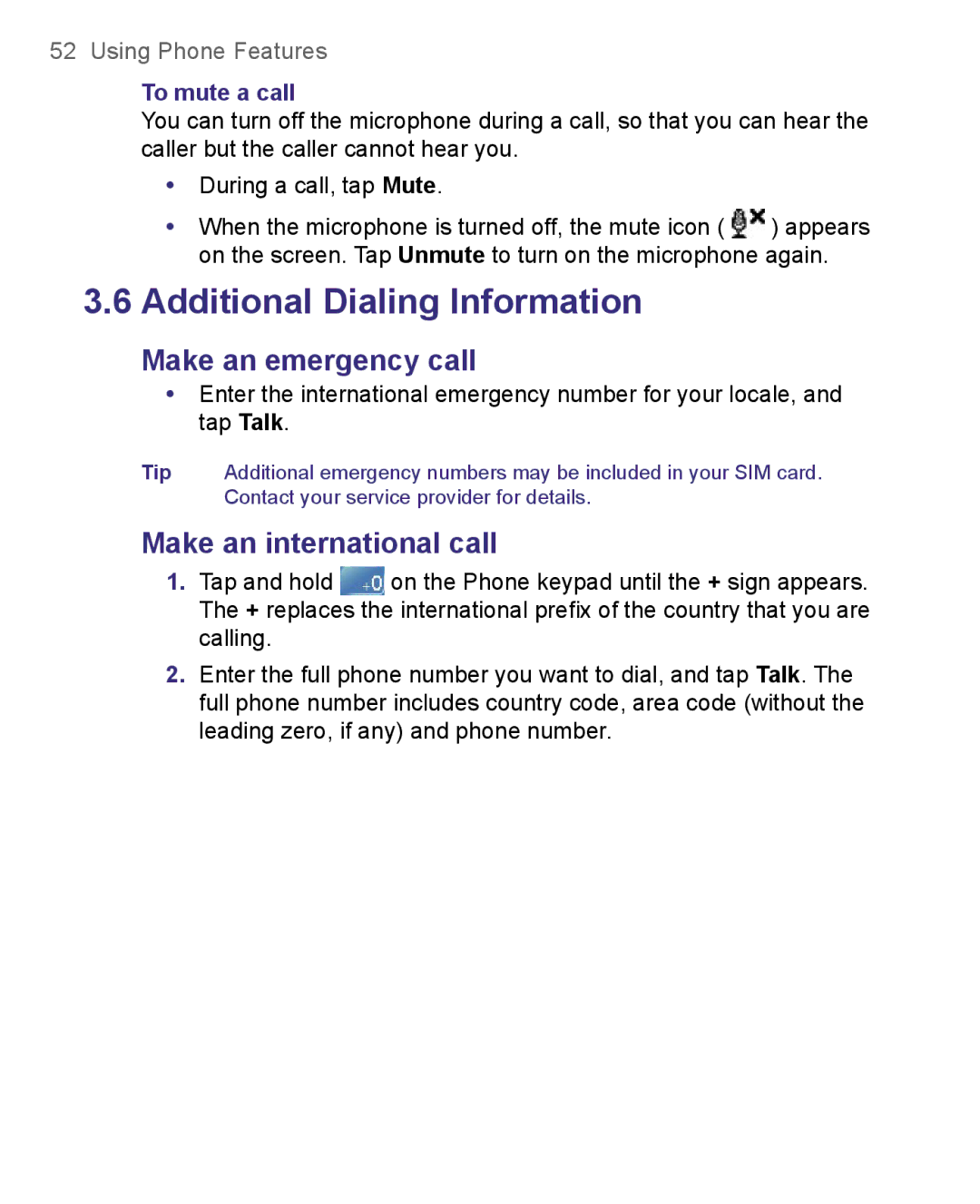 HTC 8500 user manual Make an emergency call, Make an international call, To mute a call 