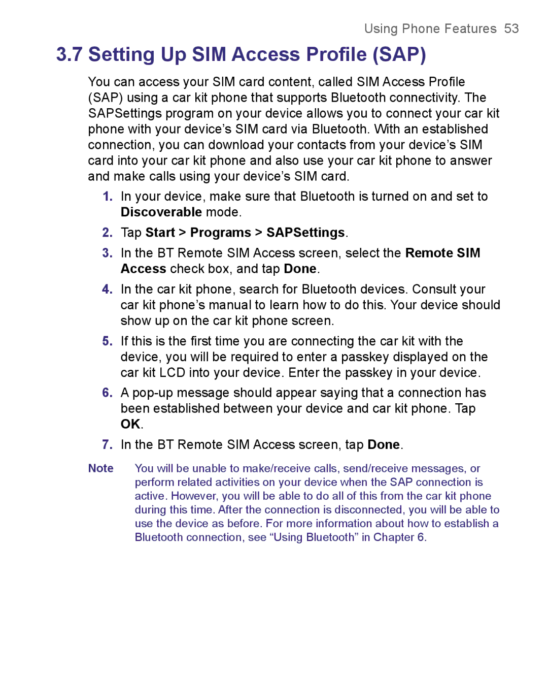 HTC 8500 user manual Setting Up SIM Access Profile SAP, Tap Start Programs SAPSettings 