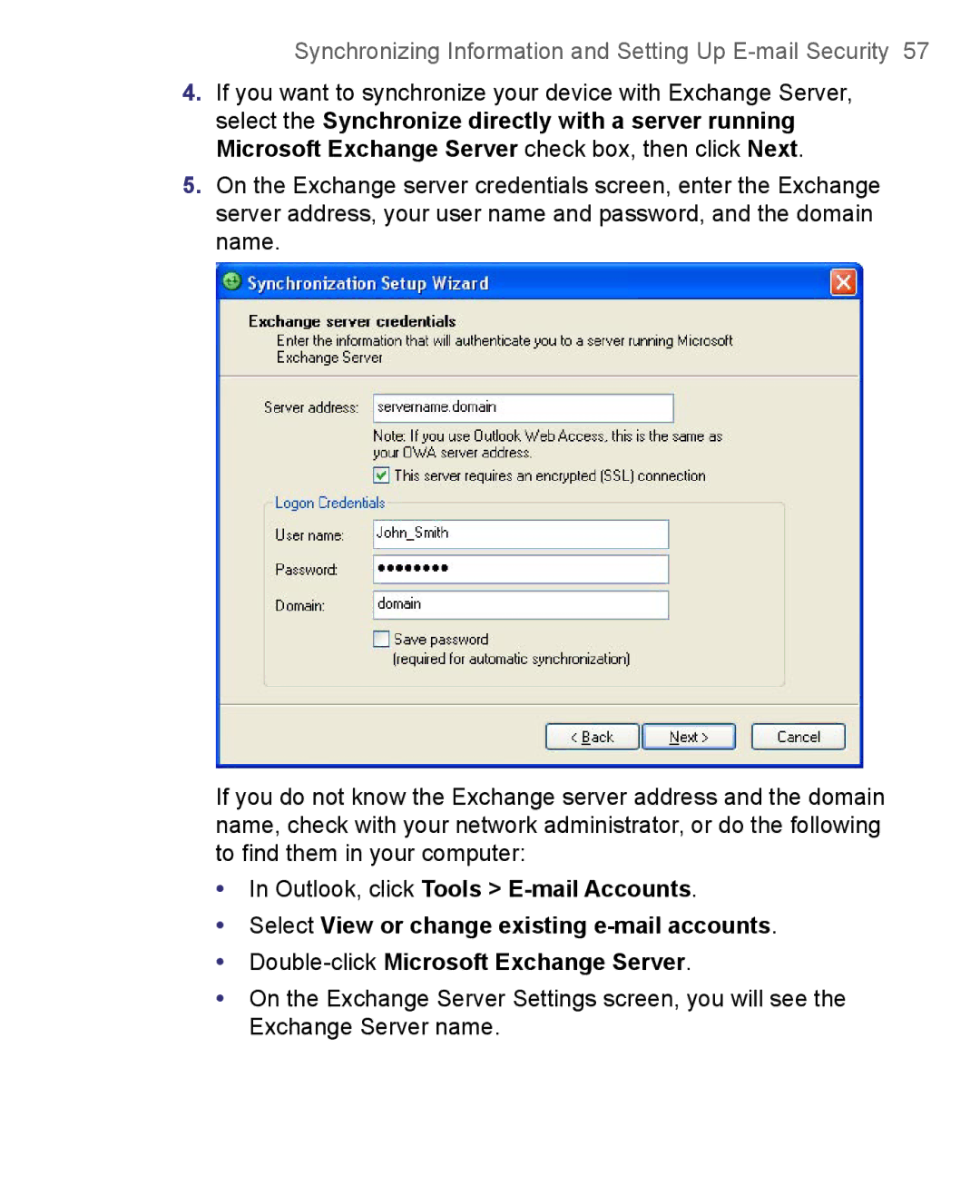 HTC 8500 user manual Synchronizing Information and Setting Up E-mail Security 