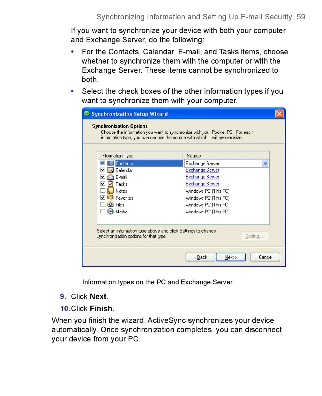 HTC 8500 user manual Information types on the PC and Exchange Server 