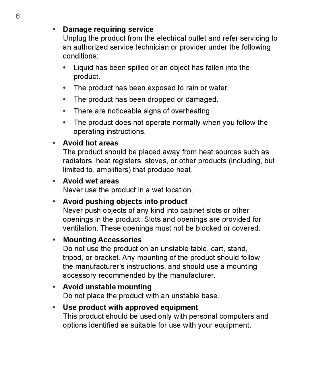 HTC 8500 user manual Damage requiring service, Avoid hot areas, Avoid wet areas, Avoid pushing objects into product 