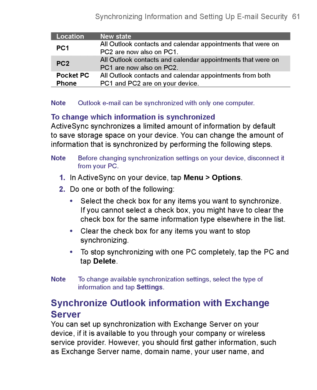 HTC 8500 Synchronize Outlook information with Exchange Server, To change which information is synchronized, Location 