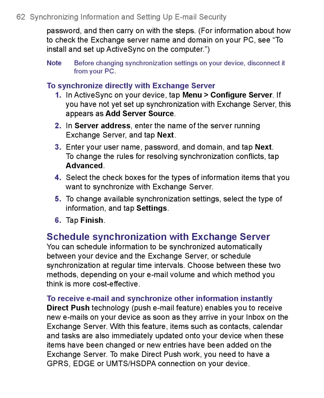 HTC 8500 Schedule synchronization with Exchange Server, To synchronize directly with Exchange Server, Tap Finish 