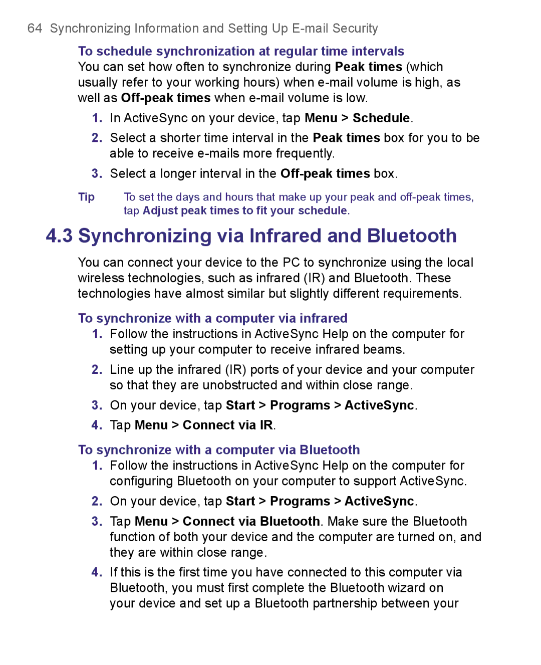 HTC 8500 user manual To schedule synchronization at regular time intervals, To synchronize with a computer via infrared 