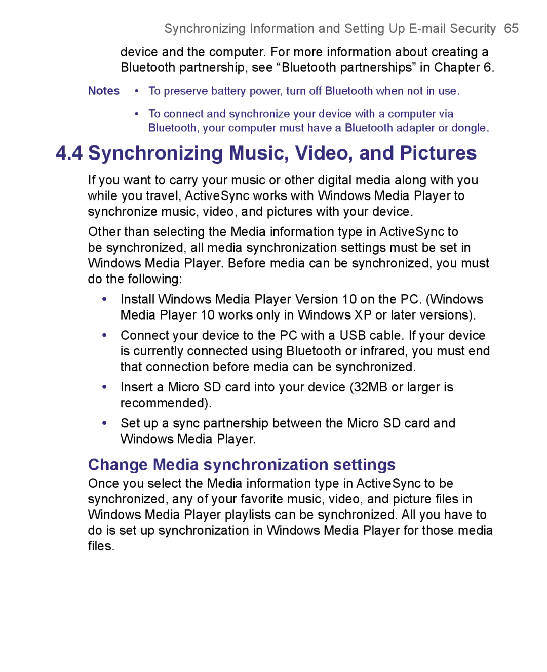 HTC 8500 user manual Synchronizing Music, Video, and Pictures, Change Media synchronization settings 