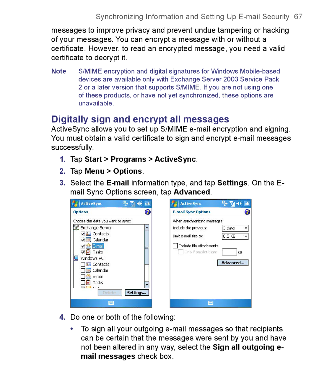 HTC 8500 user manual Digitally sign and encrypt all messages, Tap Start Programs ActiveSync Tap Menu Options 