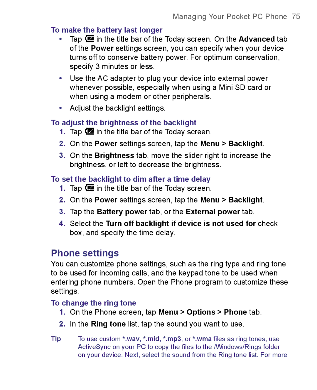 HTC 8500 user manual Phone settings, To make the battery last longer, To adjust the brightness of the backlight 