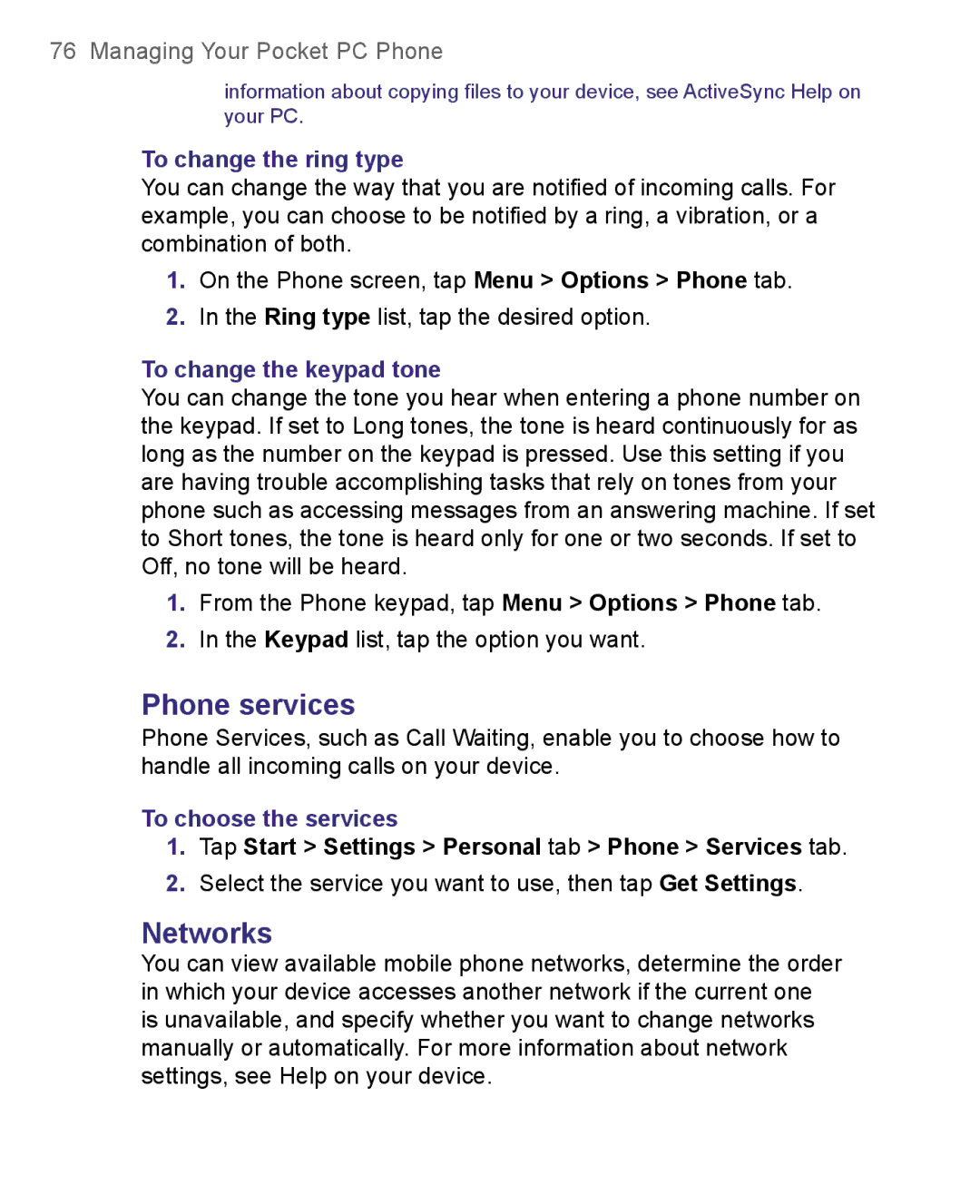 HTC 8500 user manual Phone services, Networks, To change the ring type, To change the keypad tone, To choose the services 