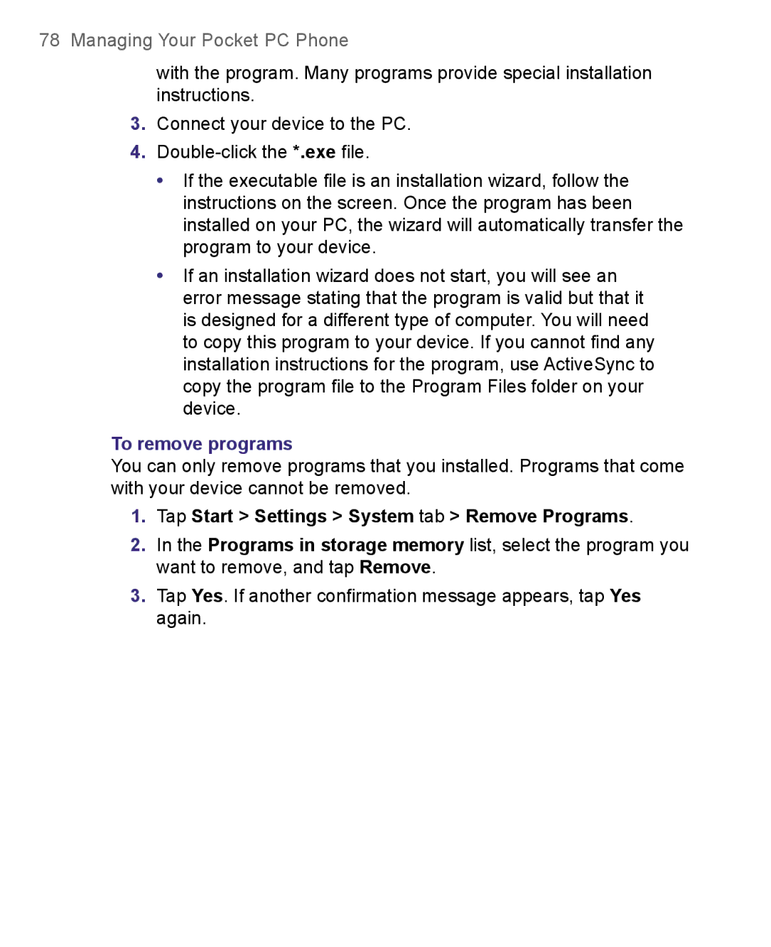 HTC 8500 user manual To remove programs, Tap Start Settings System tab Remove Programs 