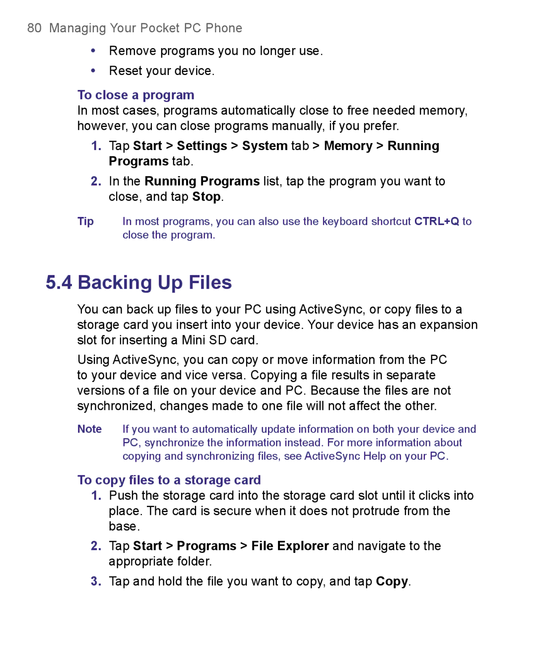 HTC 8500 To close a program, Tap Start Settings System tab Memory Running Programs tab, To copy ﬁles to a storage card 