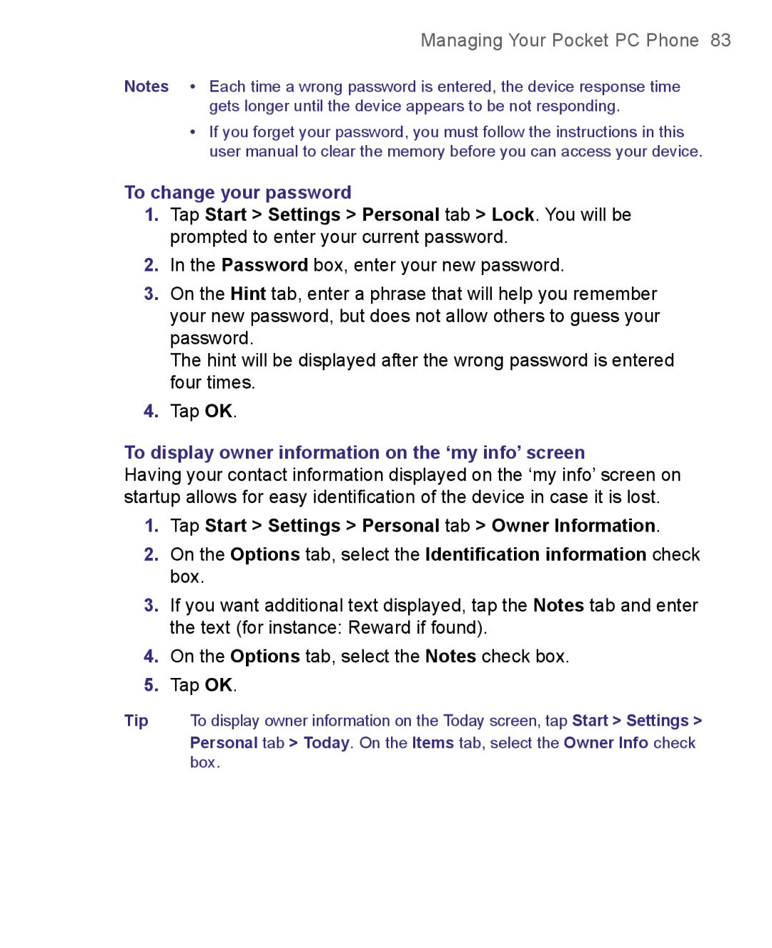 HTC 8500 user manual To change your password, To display owner information on the ‘my info’ screen 