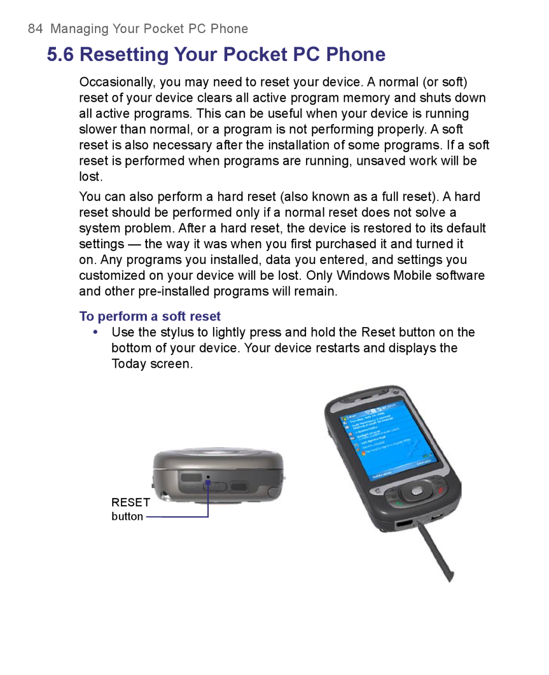 HTC 8500 user manual Resetting Your Pocket PC Phone, To perform a soft reset 