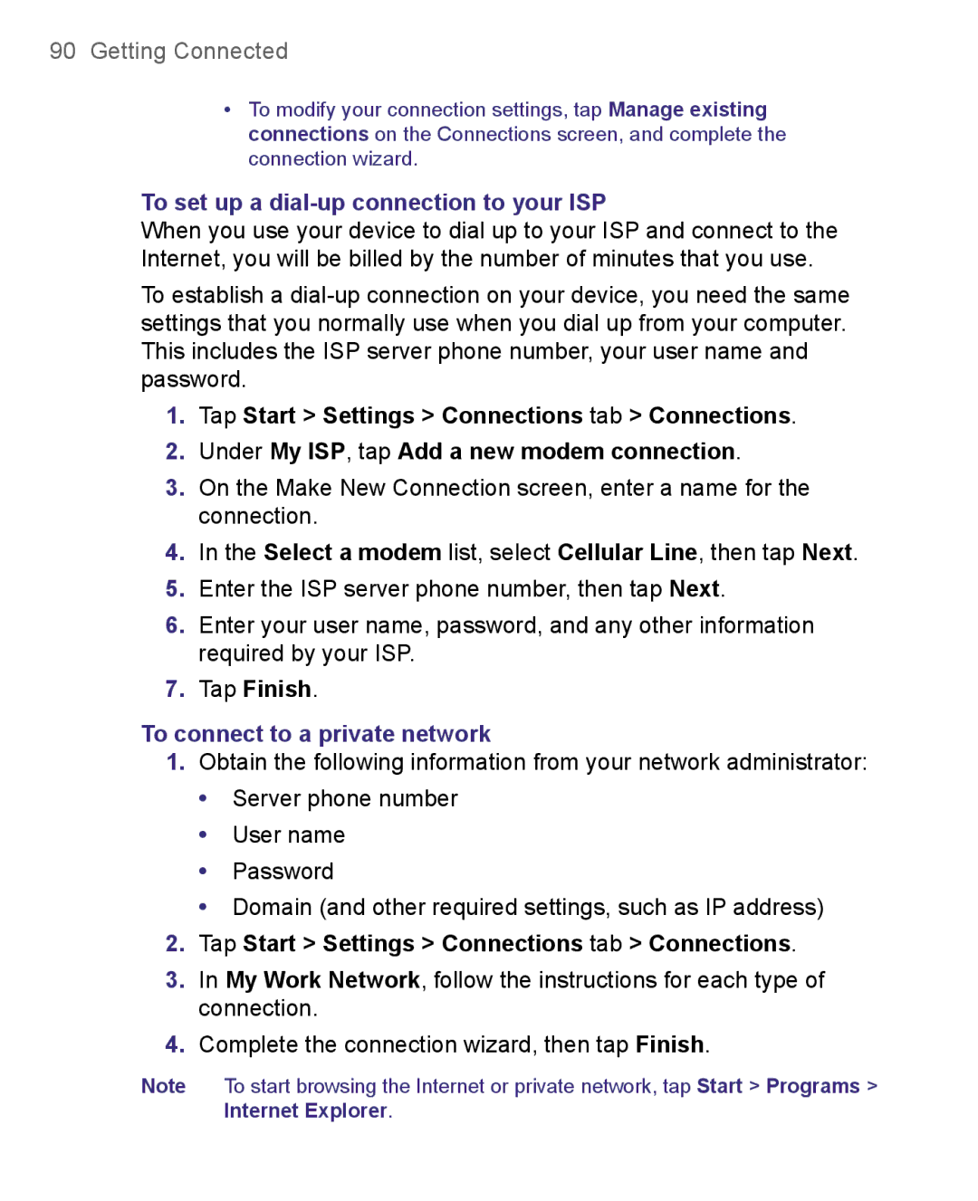 HTC 8500 user manual To set up a dial-up connection to your ISP, To connect to a private network 