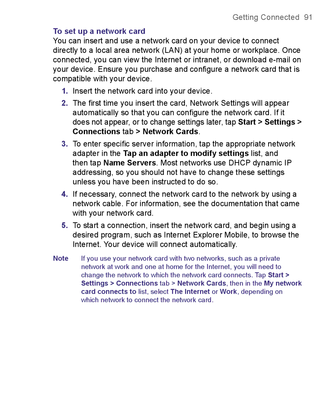 HTC 8500 user manual To set up a network card 