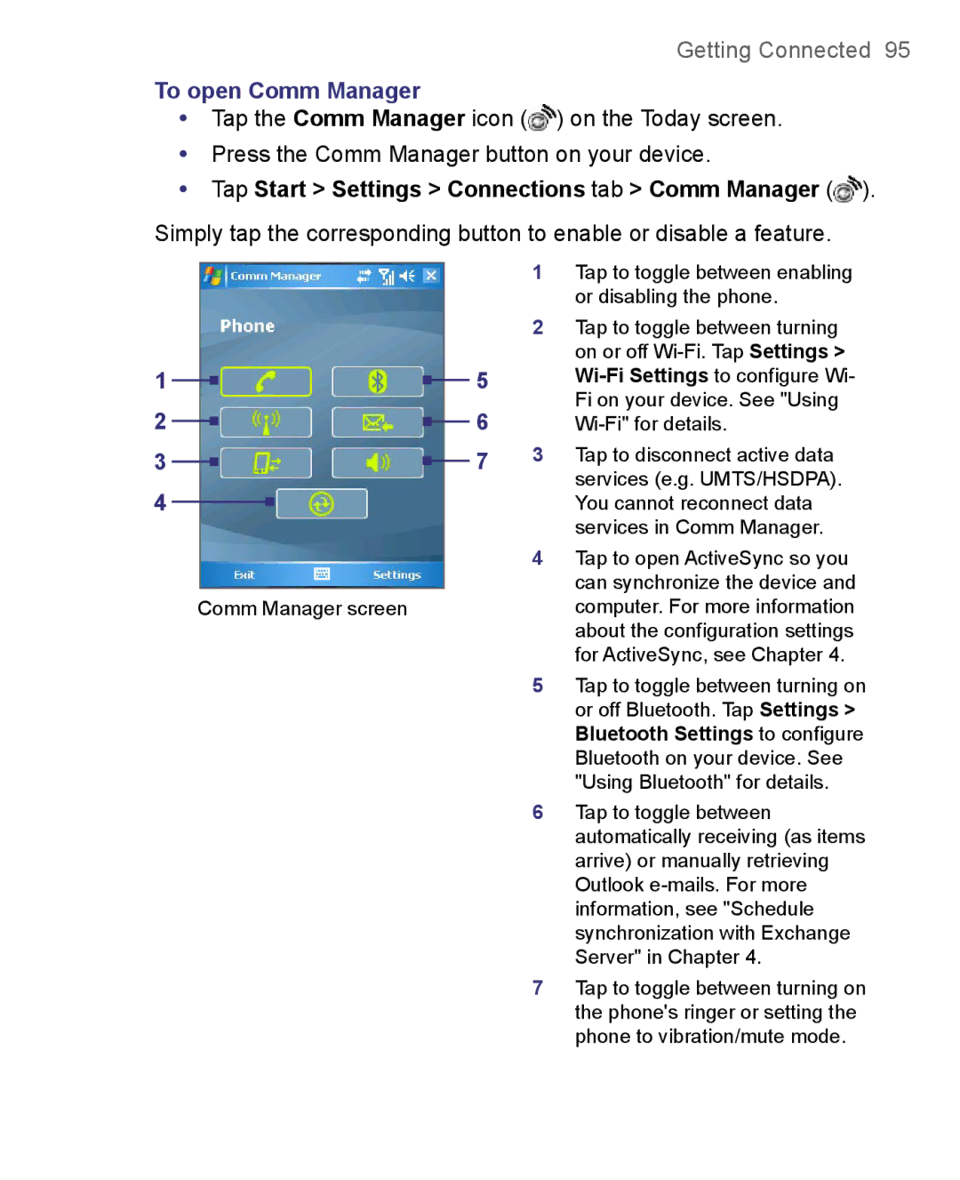 HTC 8500 user manual To open Comm Manager, Tap Start Settings Connections tab Comm Manager 