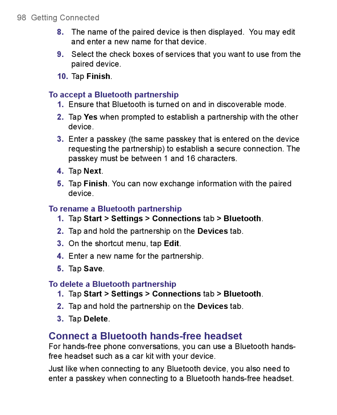 HTC 8500 Connect a Bluetooth hands-free headset, To accept a Bluetooth partnership, To rename a Bluetooth partnership 
