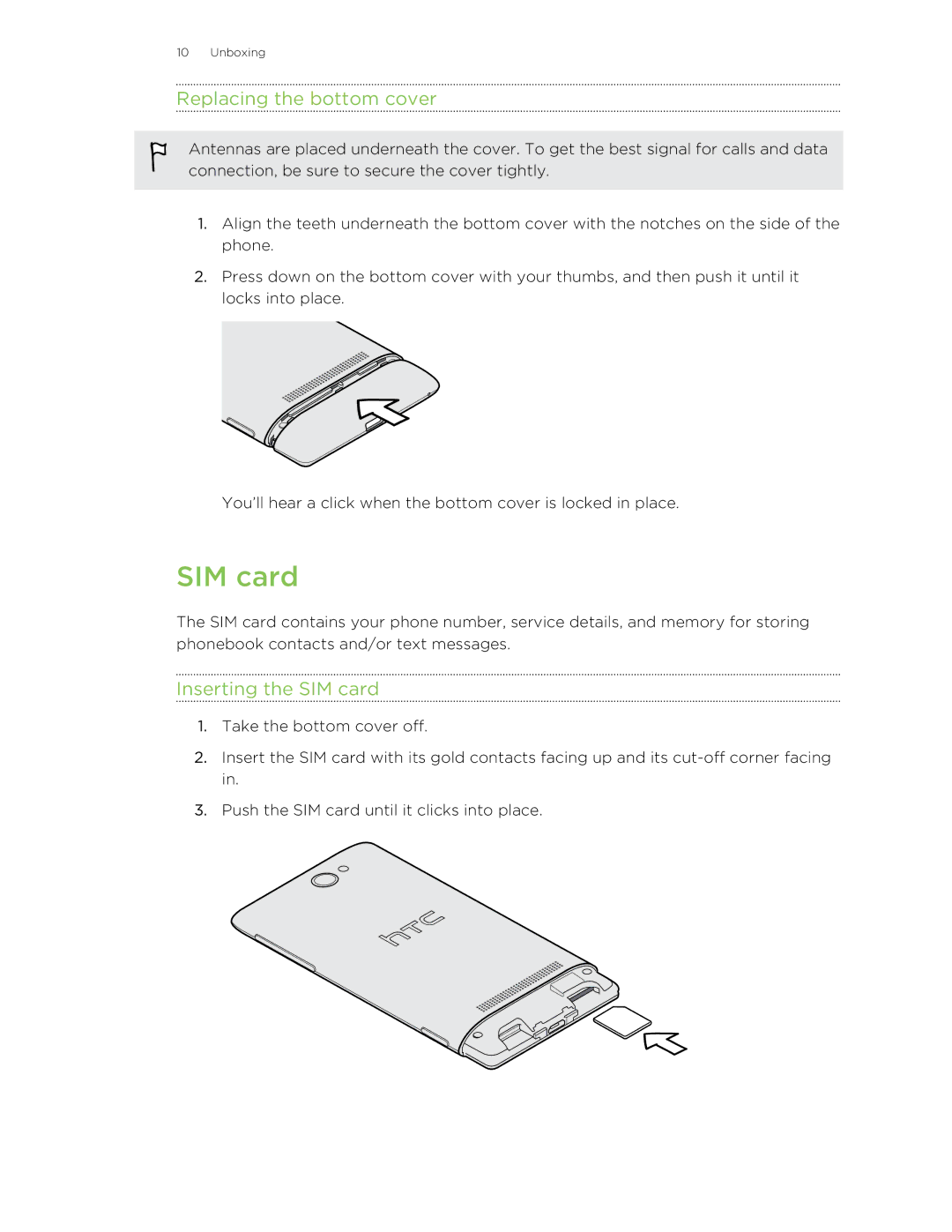 HTC 8S manual Replacing the bottom cover, Inserting the SIM card 