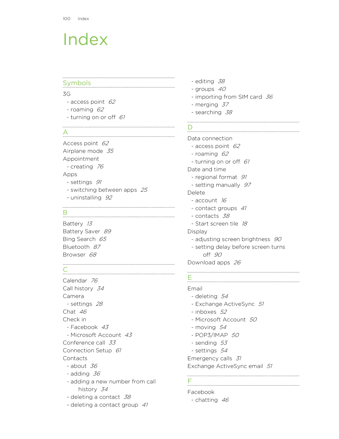 HTC 8S manual Index, Symbols 