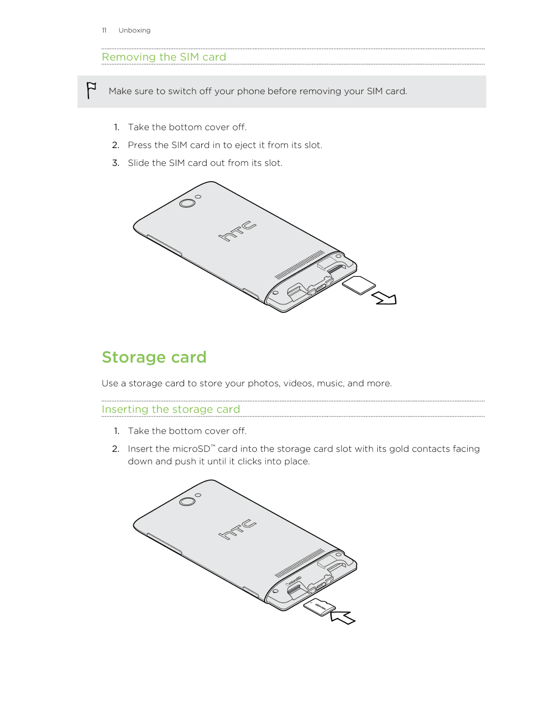 HTC 8S manual Storage card, Removing the SIM card, Inserting the storage card 