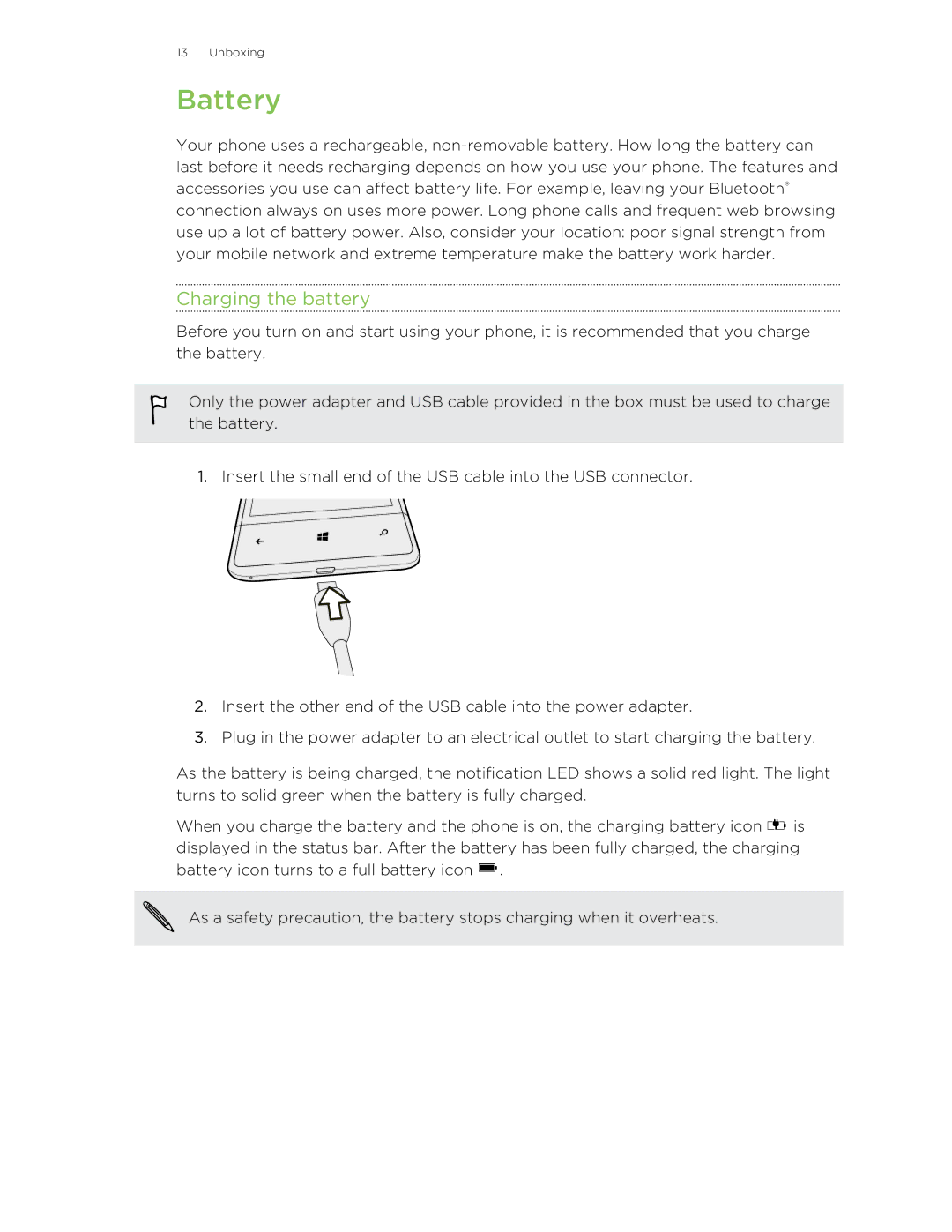 HTC 8S manual Battery, Charging the battery 