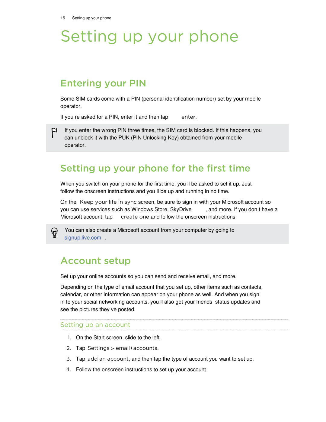 HTC 8S manual Entering your PIN, Setting up your phone for the first time, Account setup, Setting up an account 