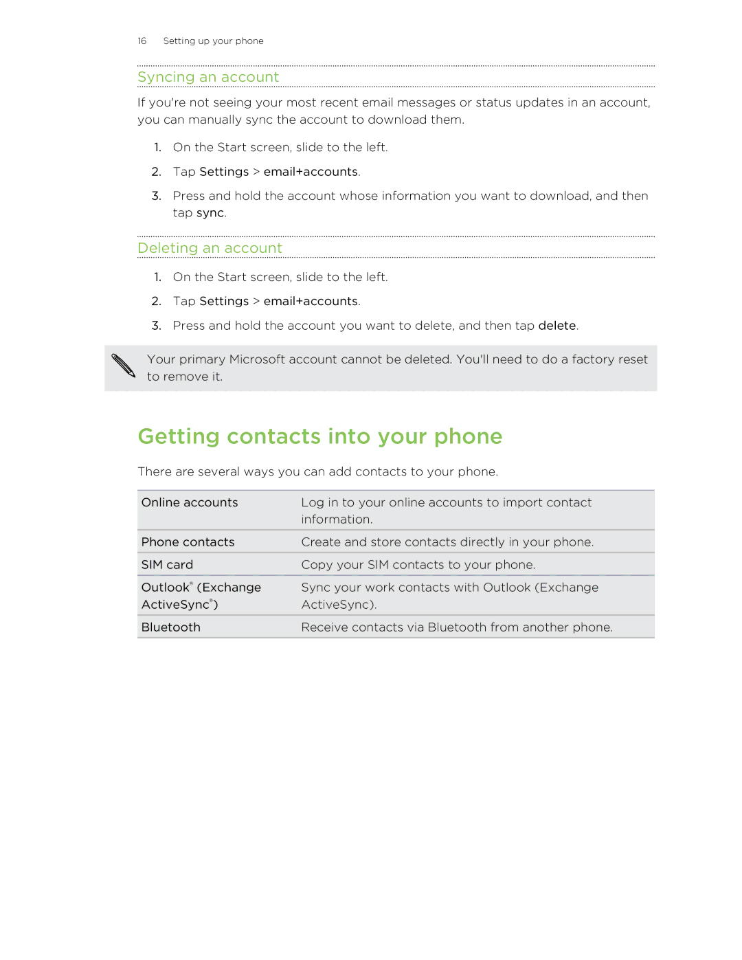 HTC 8S manual Getting contacts into your phone, Syncing an account, Deleting an account 