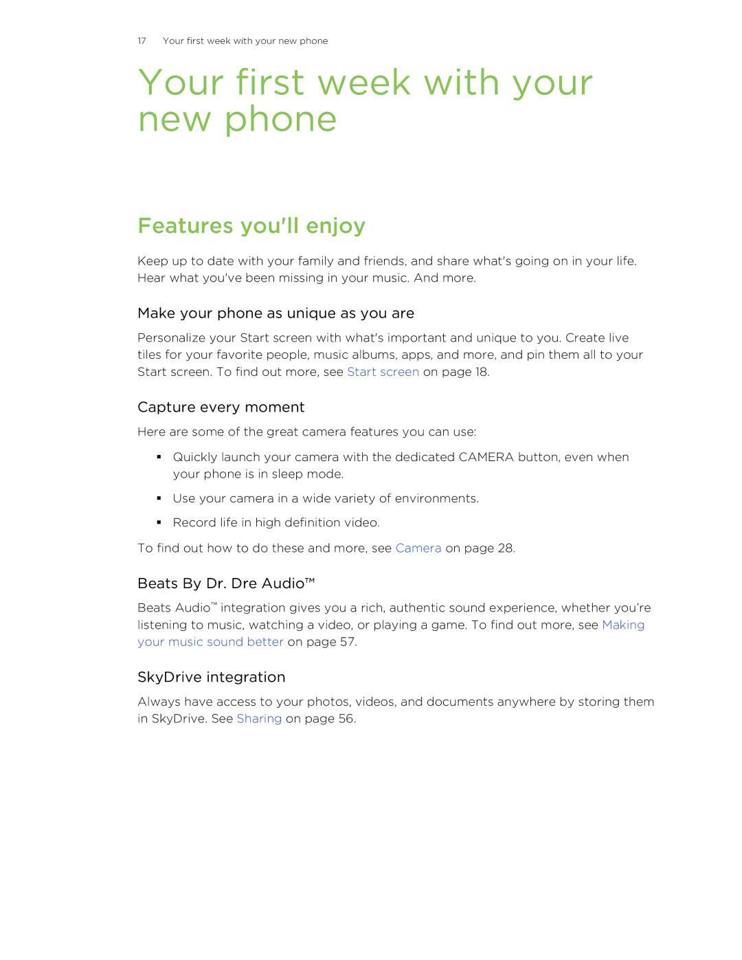 HTC 8S manual Your first week with your new phone, Features youll enjoy 