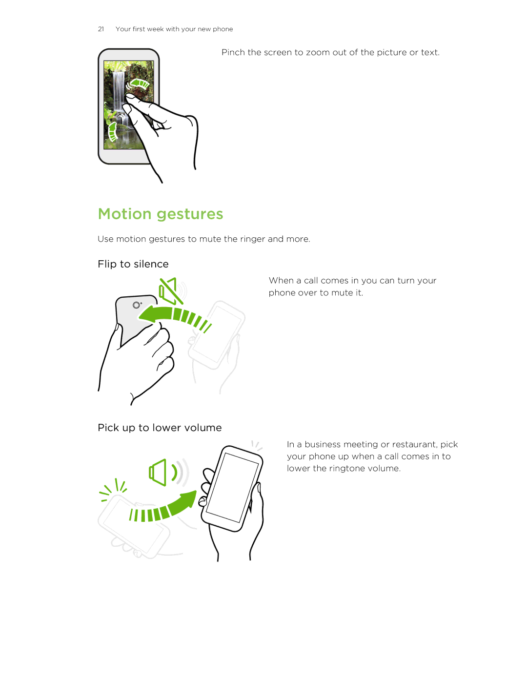 HTC 8S manual Motion gestures, Pick up to lower volume 